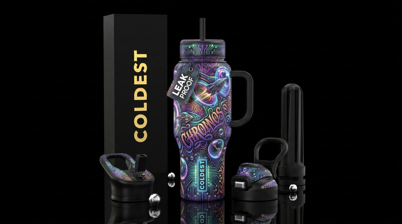 Time traveling bubble, glowie, circuit board, call... water bottle design