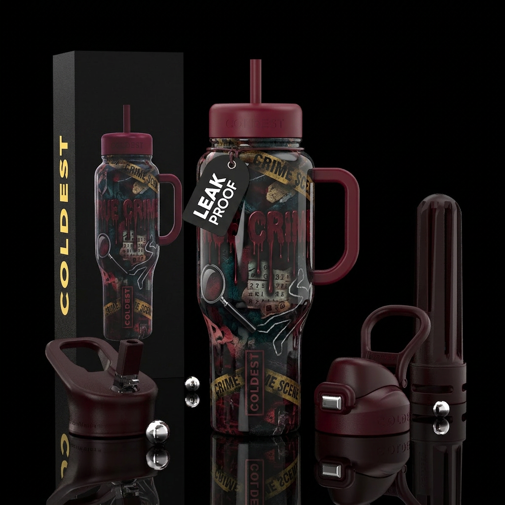 True crime coldie water bottle design