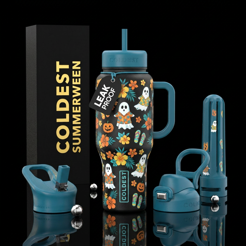 Summerween, floral, pumpkins, ghost, flip flops, H... water bottle design