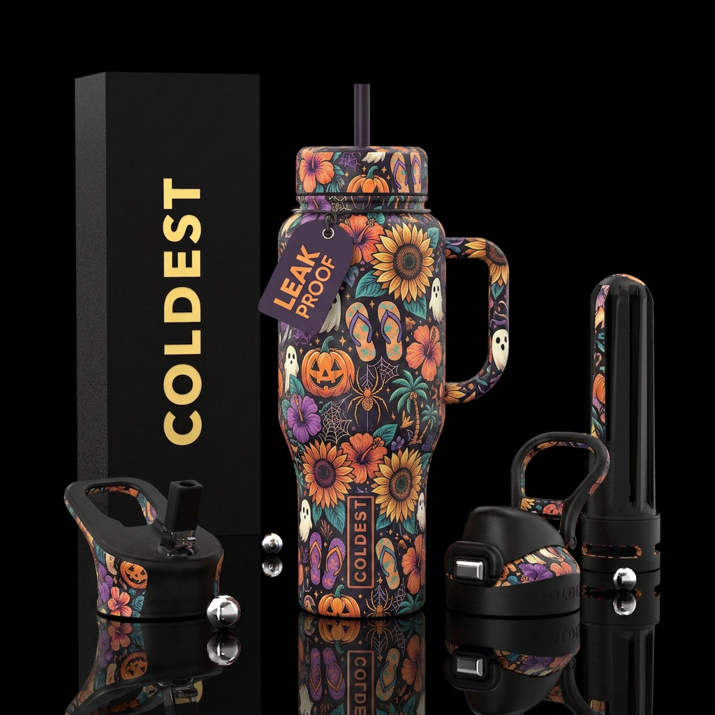 Summerween, floral, pumpkins, ghost, flip flops, b... water bottle design
