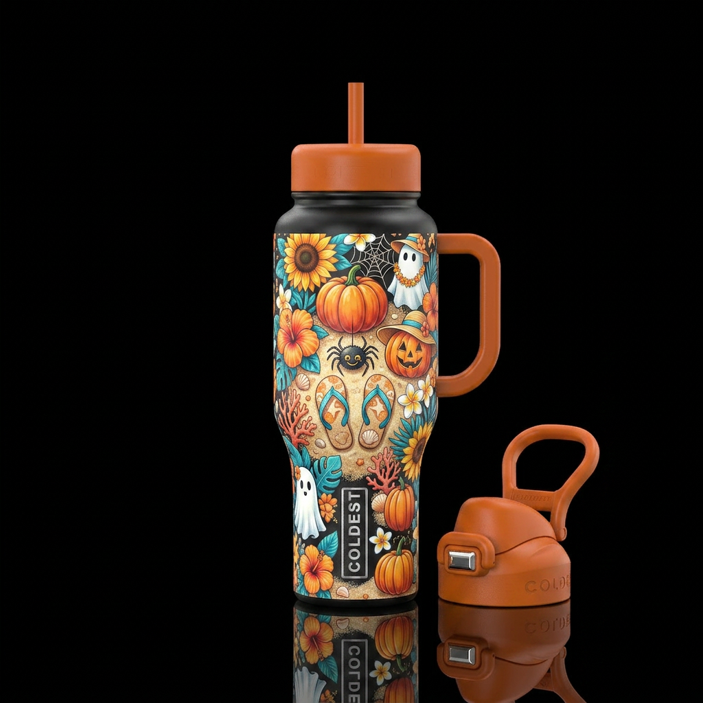 Summerween, floral, pumpkins, ghost, flip flops, b... water bottle design
