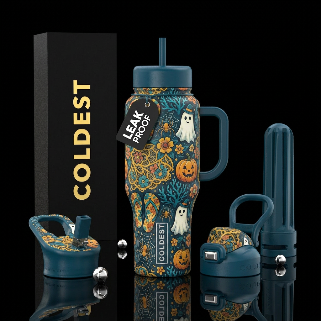 Summerween, floral, pumpkins, ghost, flip flops, b... water bottle design