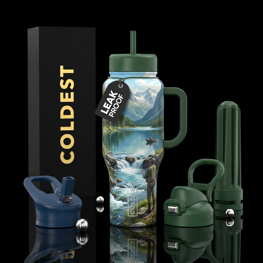 Fishing, river, serene, lake water bottle design