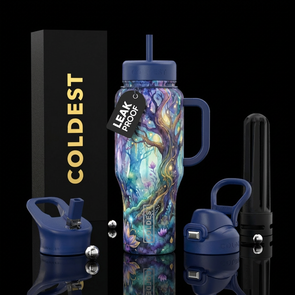 trees, magical, watercolor, fantasy water bottle design