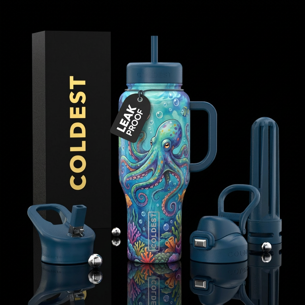 whimsical, ocean, octopus water bottle design