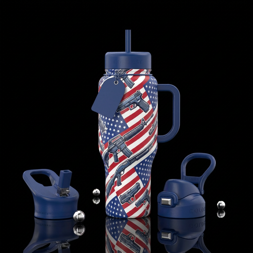 Red , white and blue with handguns, rifles and sho... water bottle design