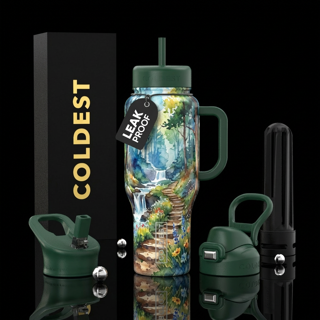 Hiking trail, forest, watercolor, waterfalls water bottle design