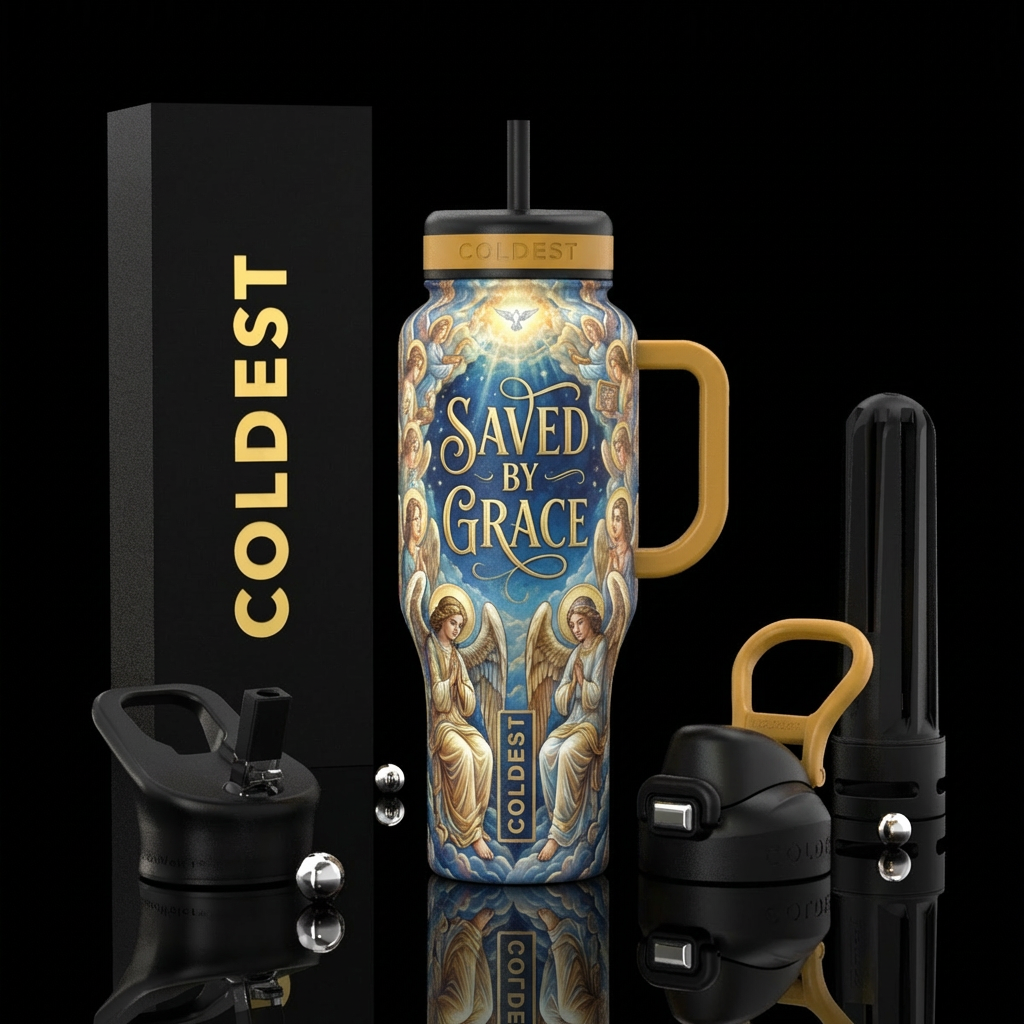 Heaven, angels sitting at God’s feet, with the wor... water bottle design
