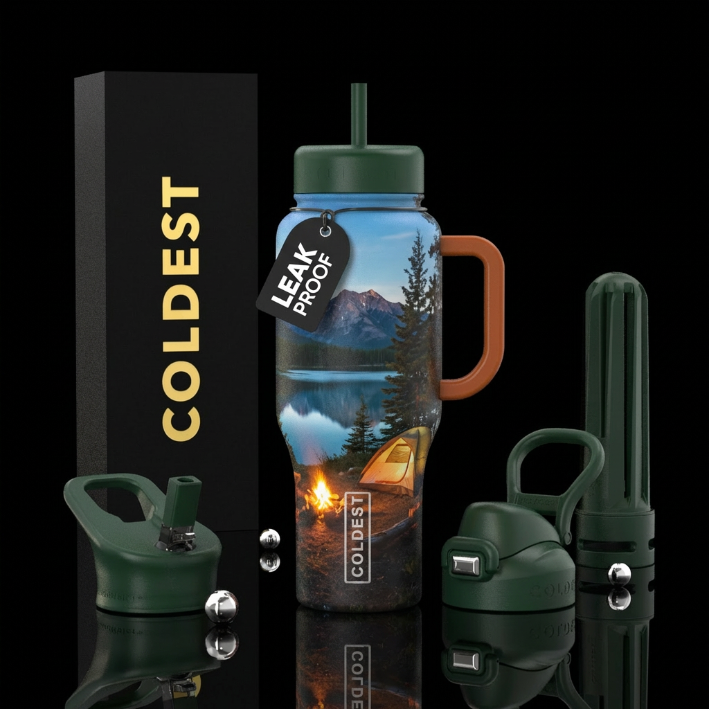 Lake, tent camping, trees, mountain, beautiul water bottle design