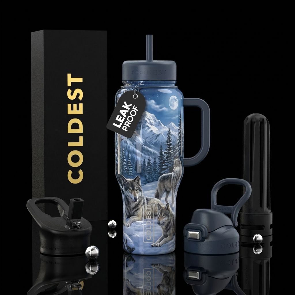 Wolves, mountains, snow, trees, photography water bottle design
