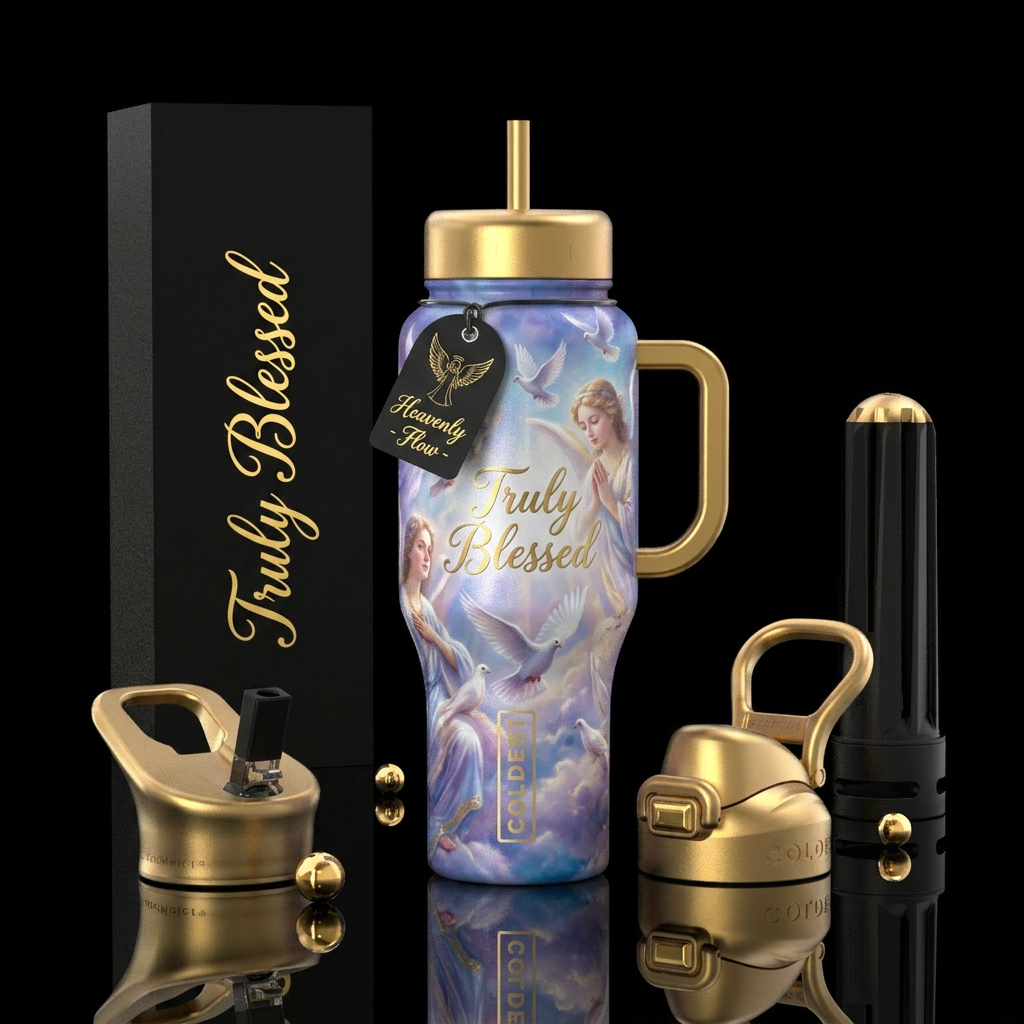Angels, Doves , heavenly, with the words Truly Ble... water bottle design