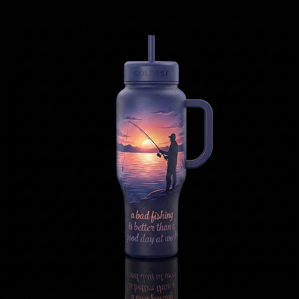 Lake shore, fishing, sun setting, with the words a... water bottle design