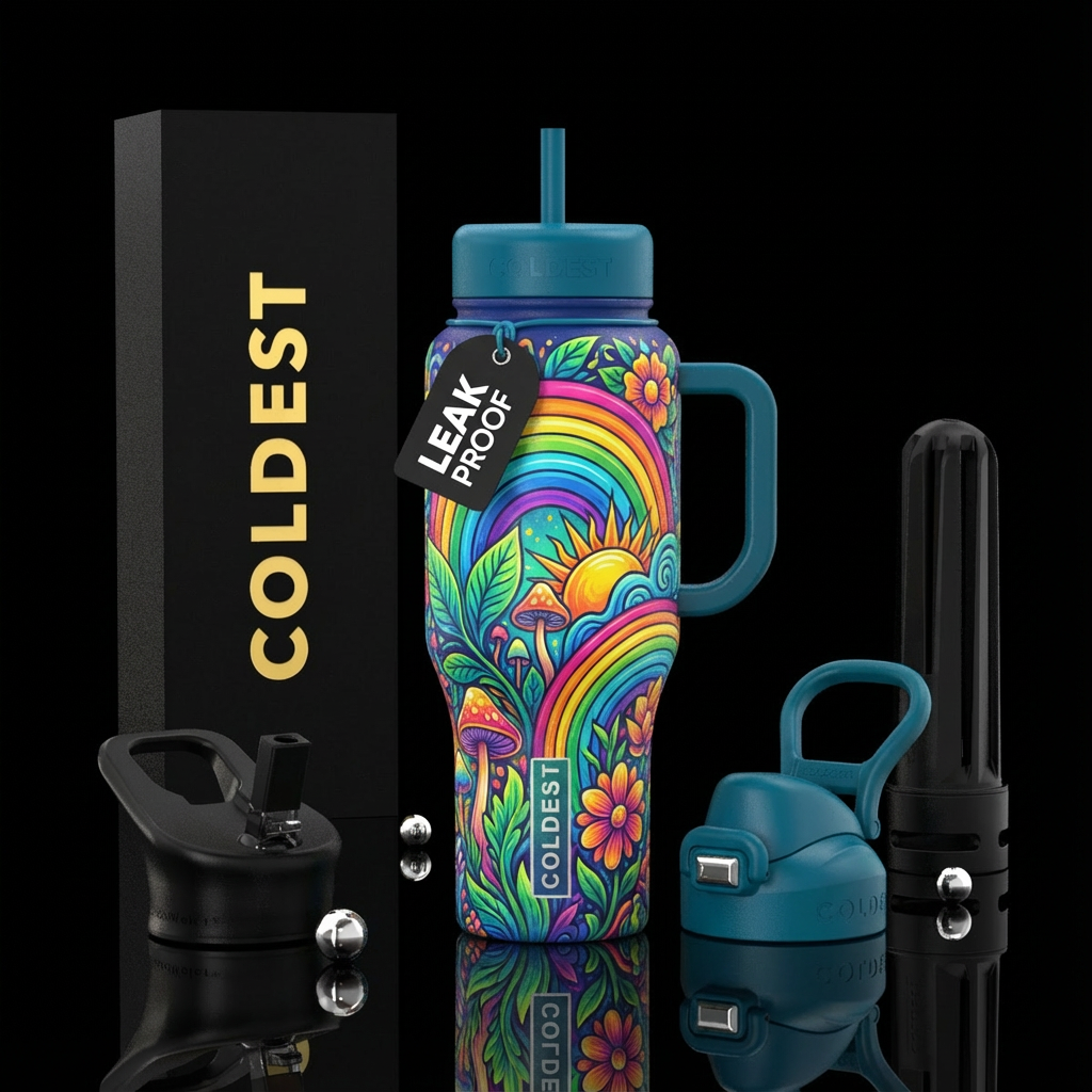 Rainbows, nature-inspired, organic, natural elemen... water bottle design