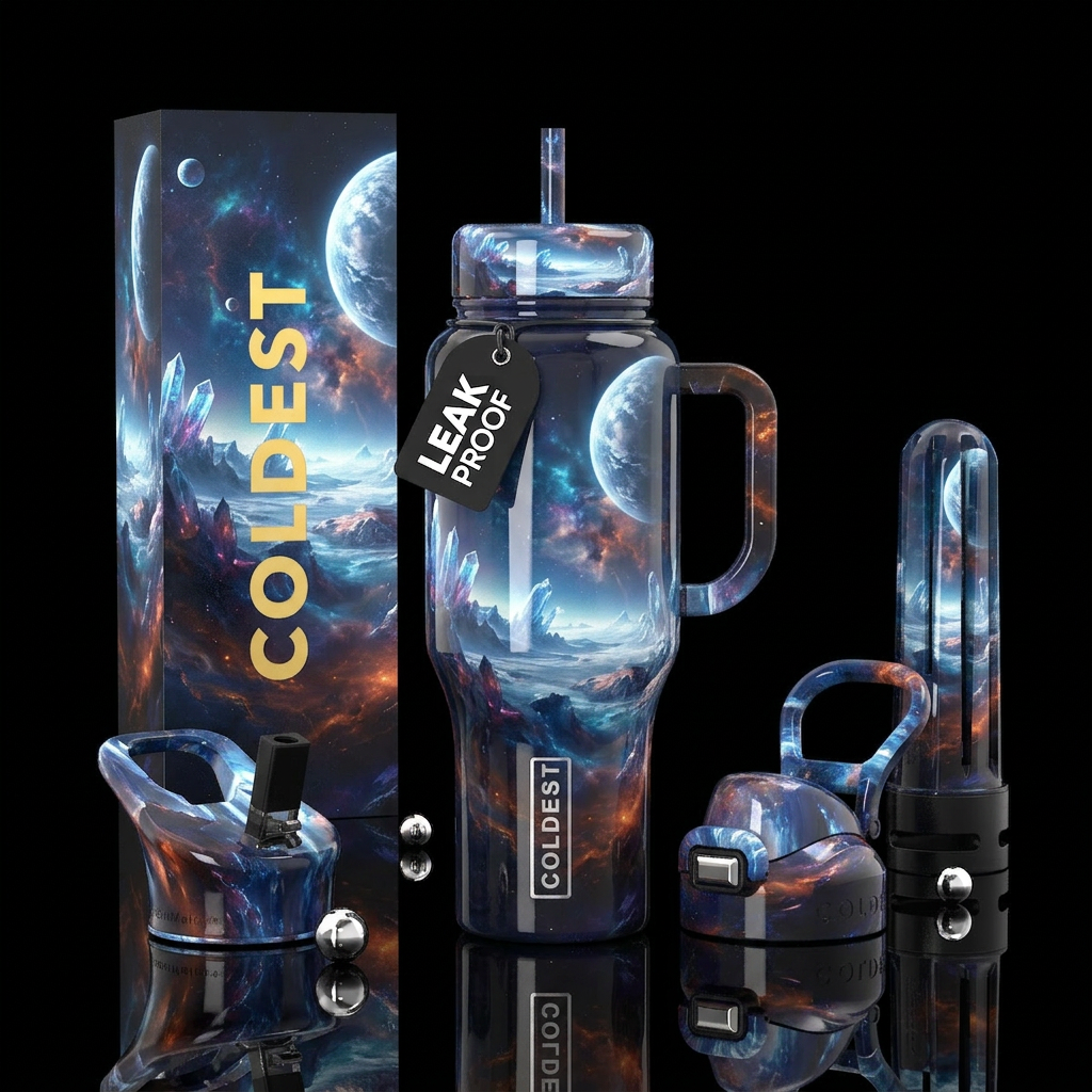 Coldest World, otherworldly, glossy water bottle design
