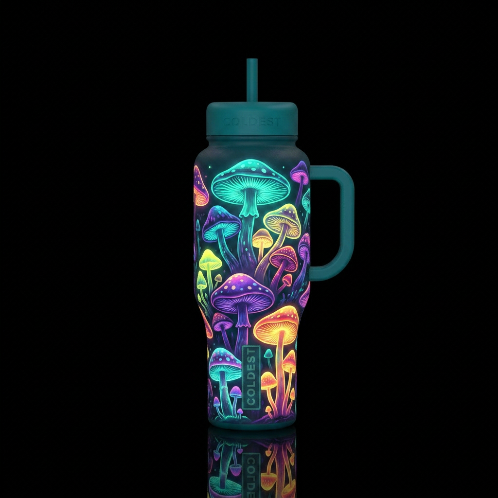Glowie mushrooms water bottle design