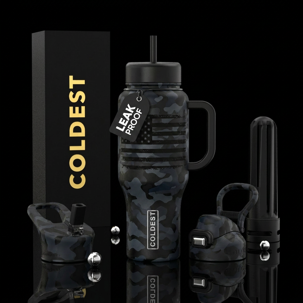 Black camo American flag water bottle design