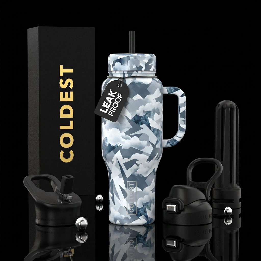 Snowstorm camo water bottle design