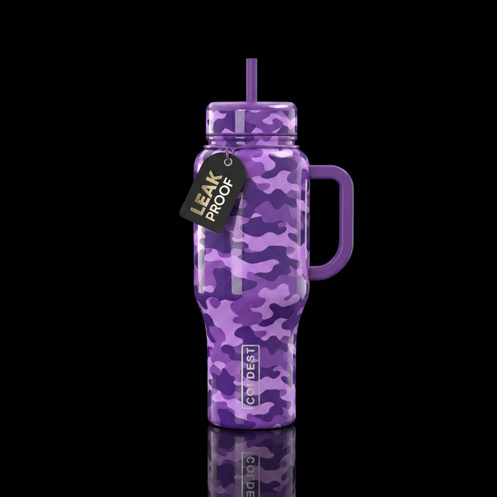 purple camo water bottle design