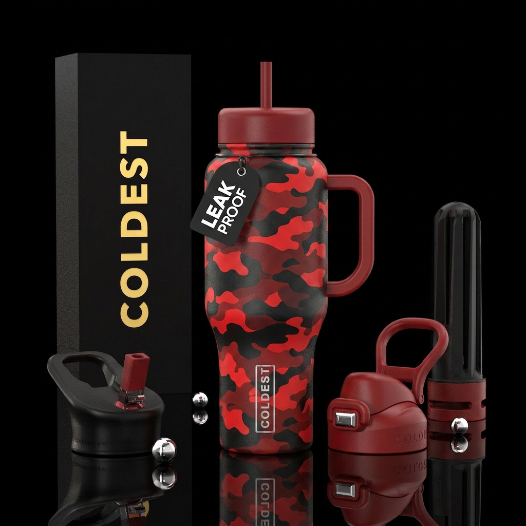 Red and black camo water bottle design