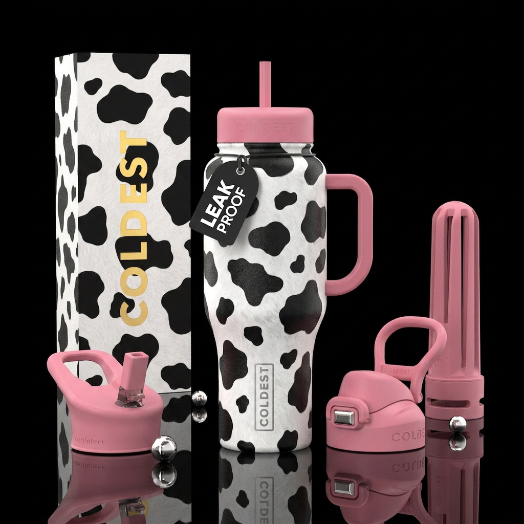 Cow print water bottle design