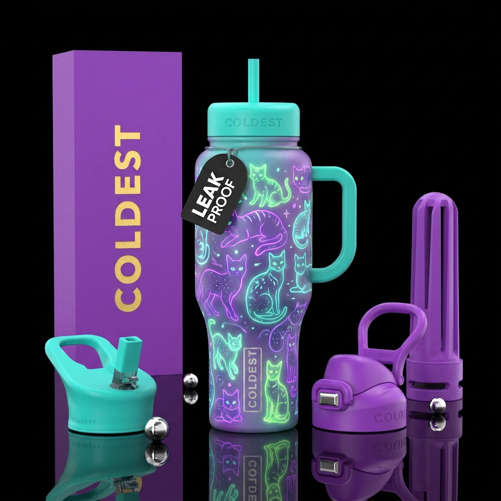 Glowie cats water bottle design