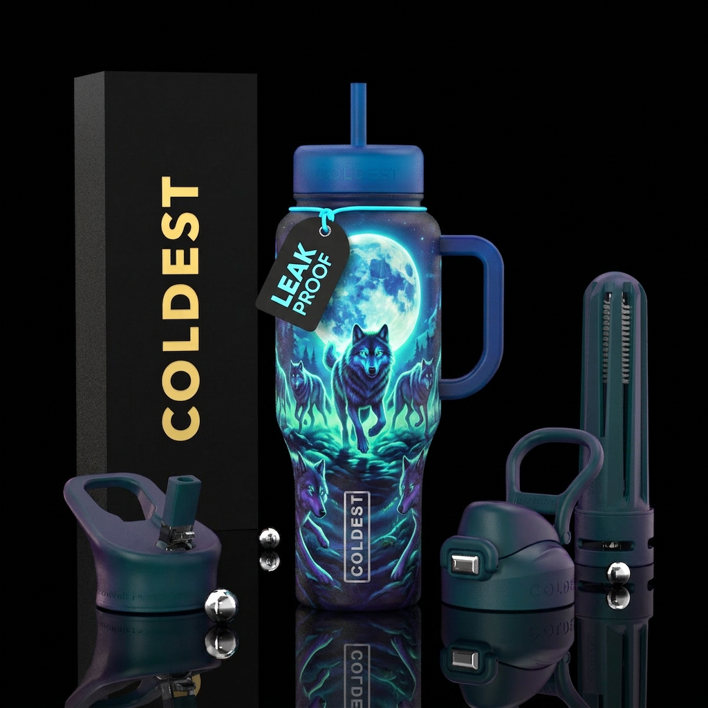 Glowie Wolfpack and full moon water bottle design
