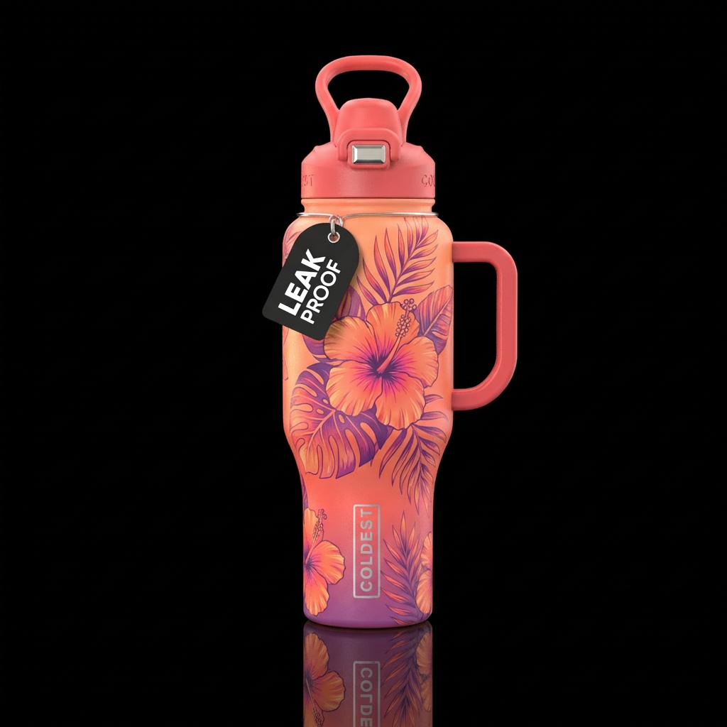 tropical hibiscus flowers and lush leaves, sunset ... water bottle design