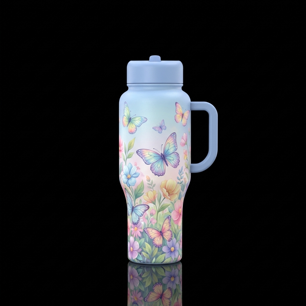 vibrant butterflies drifting among blooming flower... water bottle design