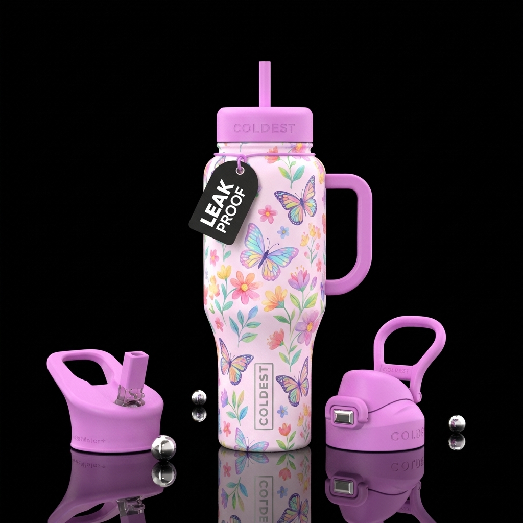 vibrant butterflies drifting among blooming flower... water bottle design