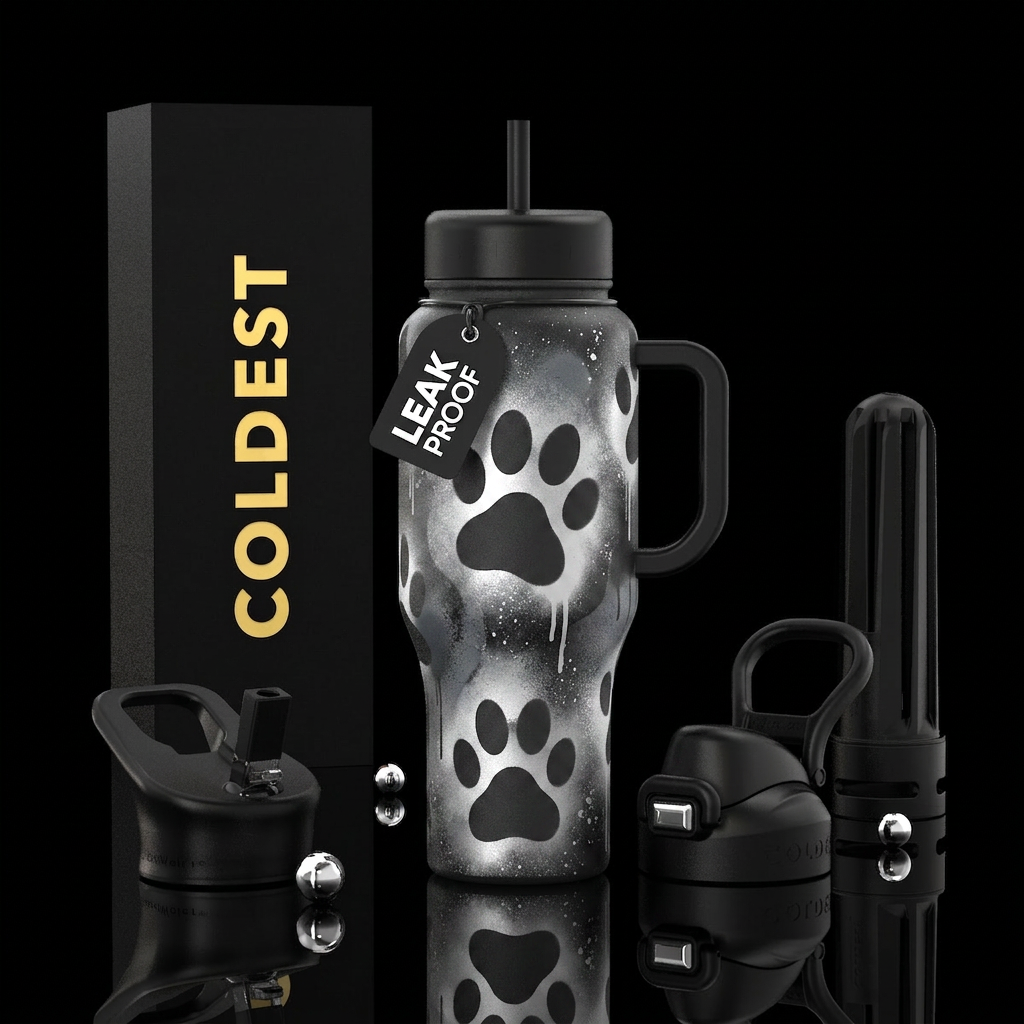Monochrome Paws water bottle design