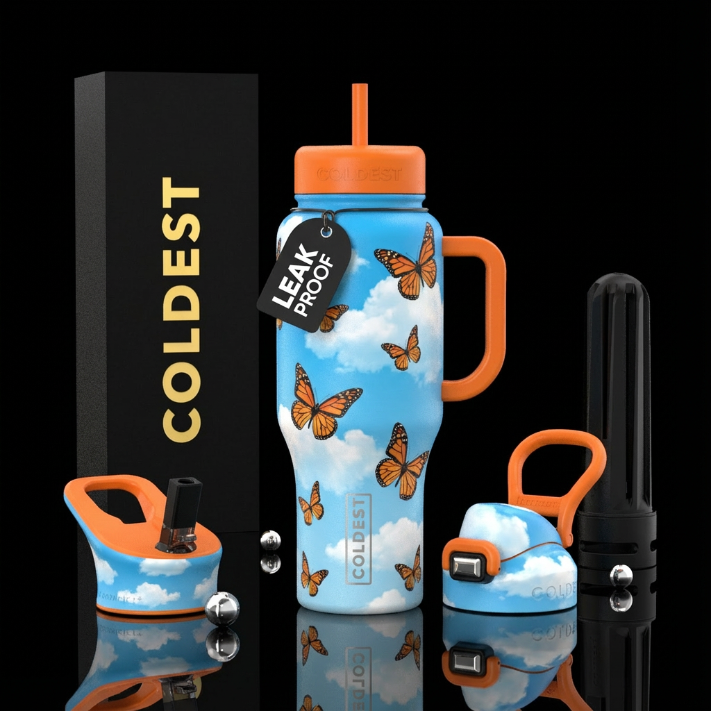 Sky blue background with fluffy white clouds, fema... water bottle design