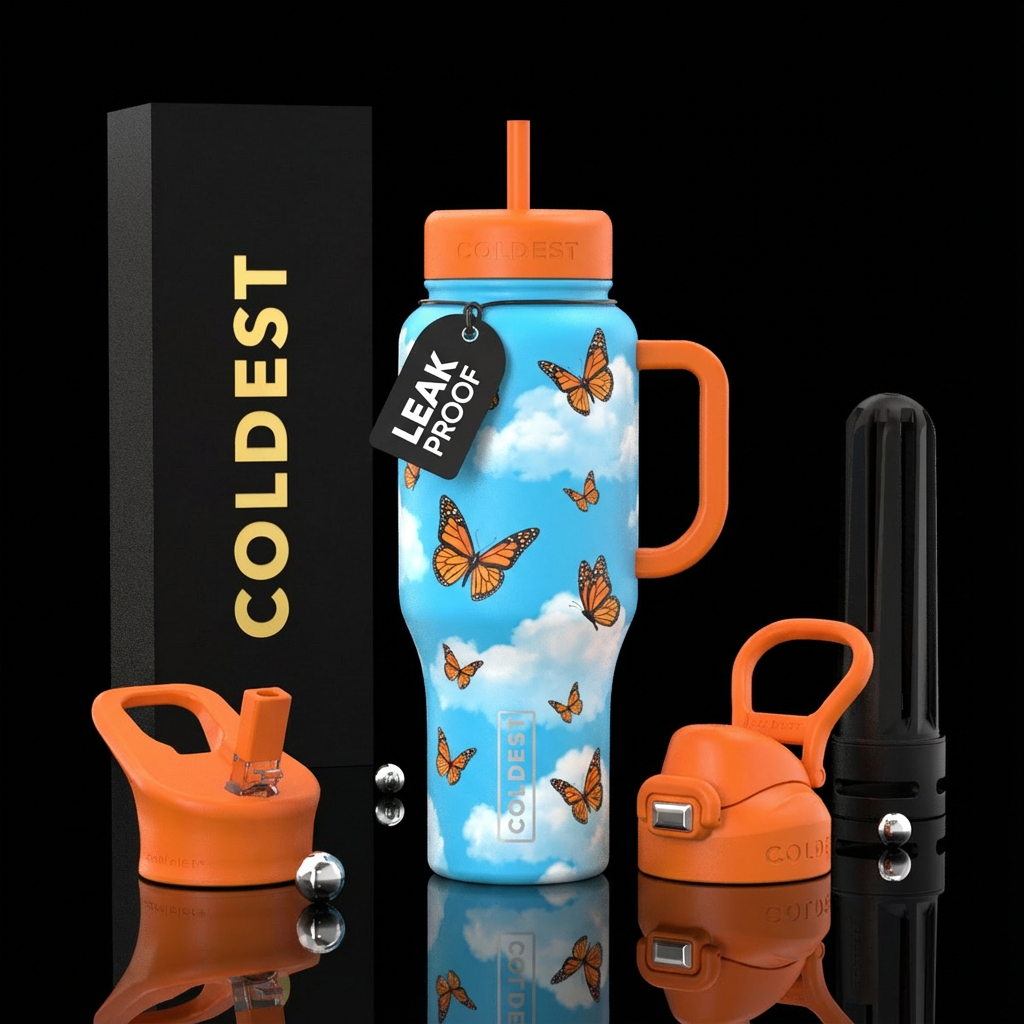 Sky blue background with fluffy white clouds, fema... water bottle design
