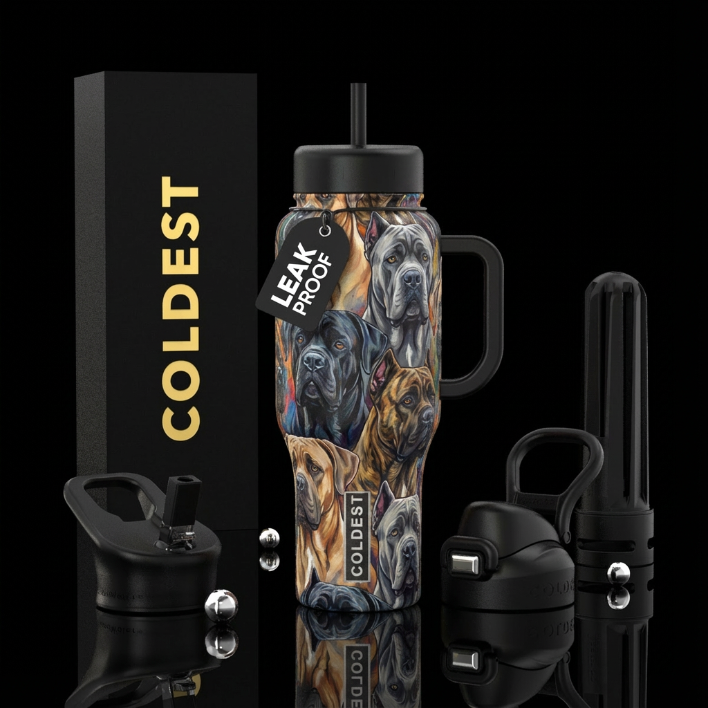 Grey cup with Cane Corsos in grey, black, brindle ... water bottle design