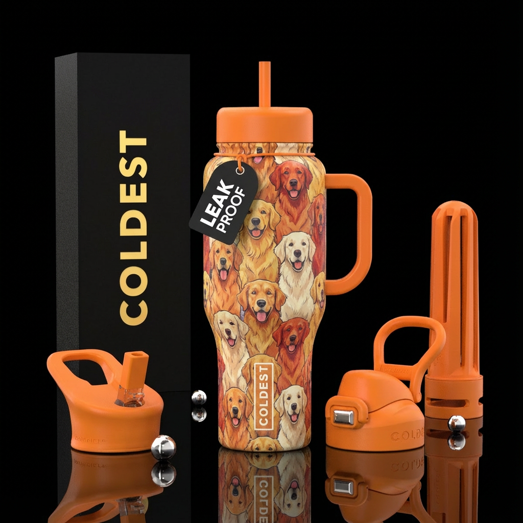 Golden retrievers in various colors, orange handle... water bottle design