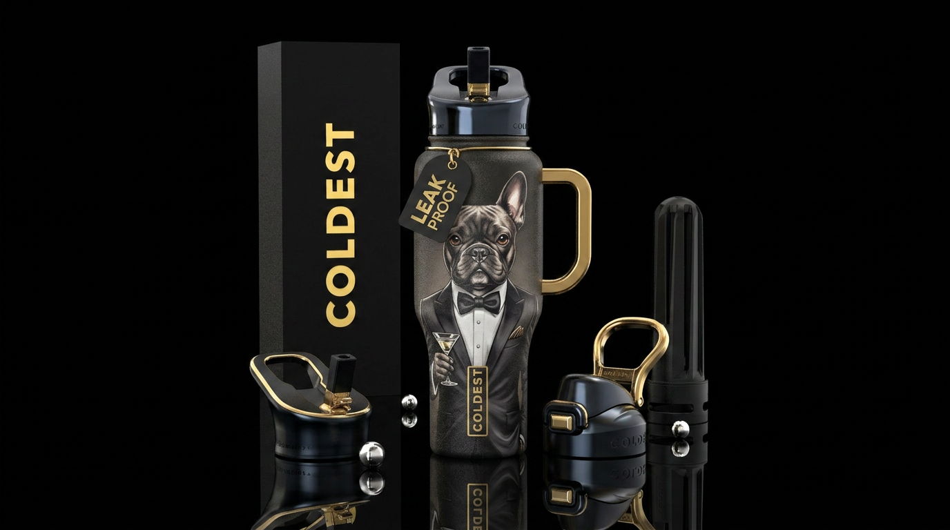 Frenchie as James Bond water bottle design