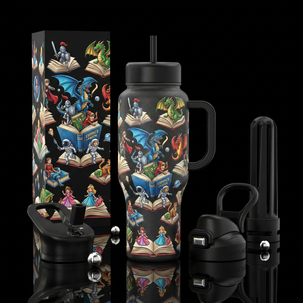 Characters escaping from inside books water bottle design