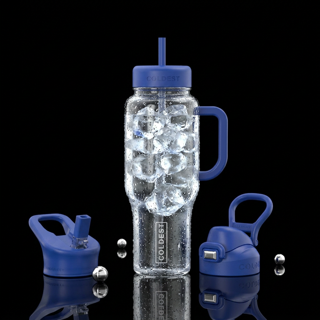 Glass full of ice water. sweat on the outside of t... water bottle design