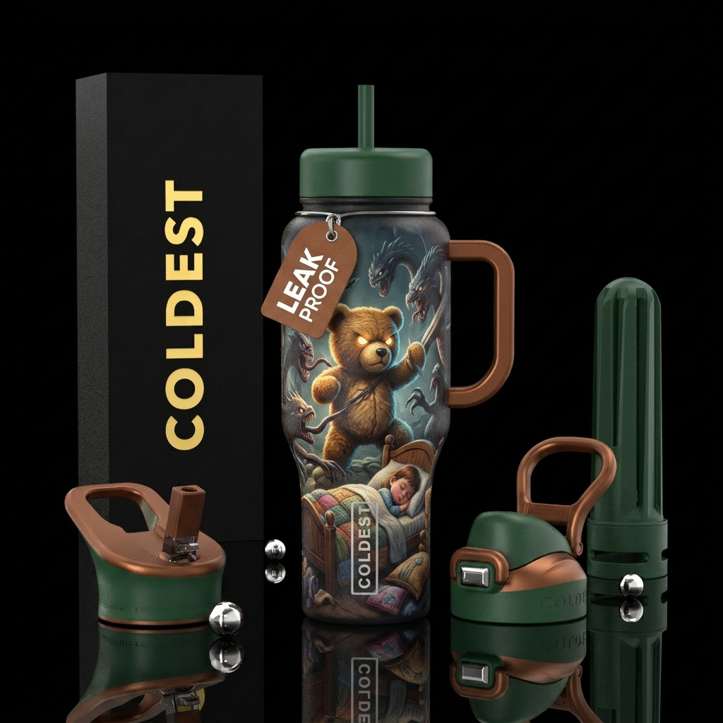 Teddy Bear fighting of monsters to protect a child... water bottle design
