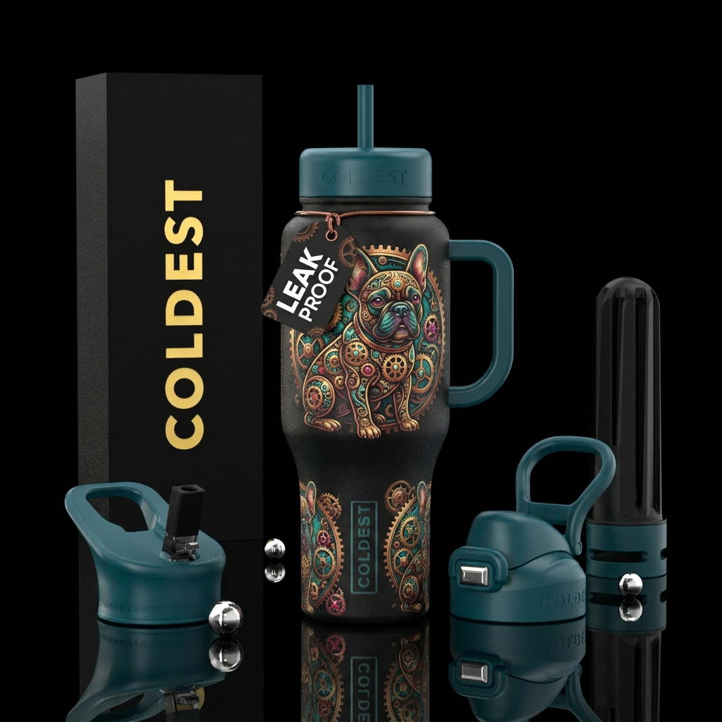 Clockwork Frenchie water bottle design