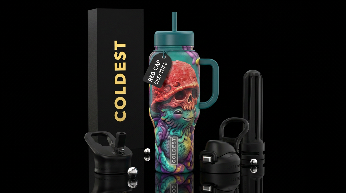 Red Cap Creature water bottle design