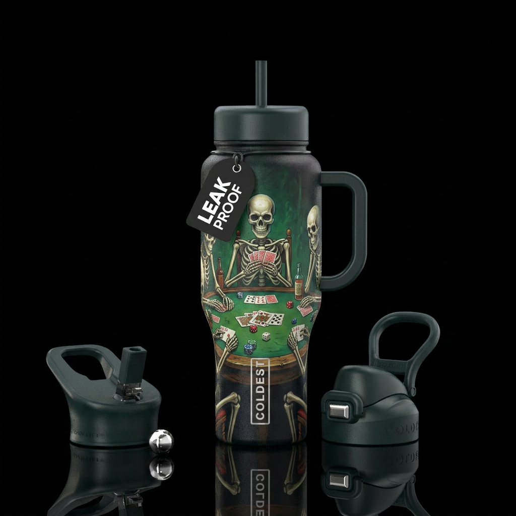 Skeletons playing poker water bottle design