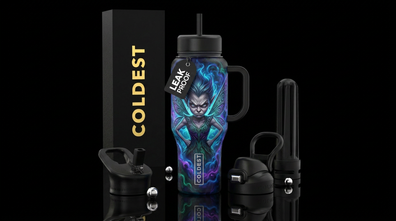 An angry pixie with hands on hips and staring angr... water bottle design