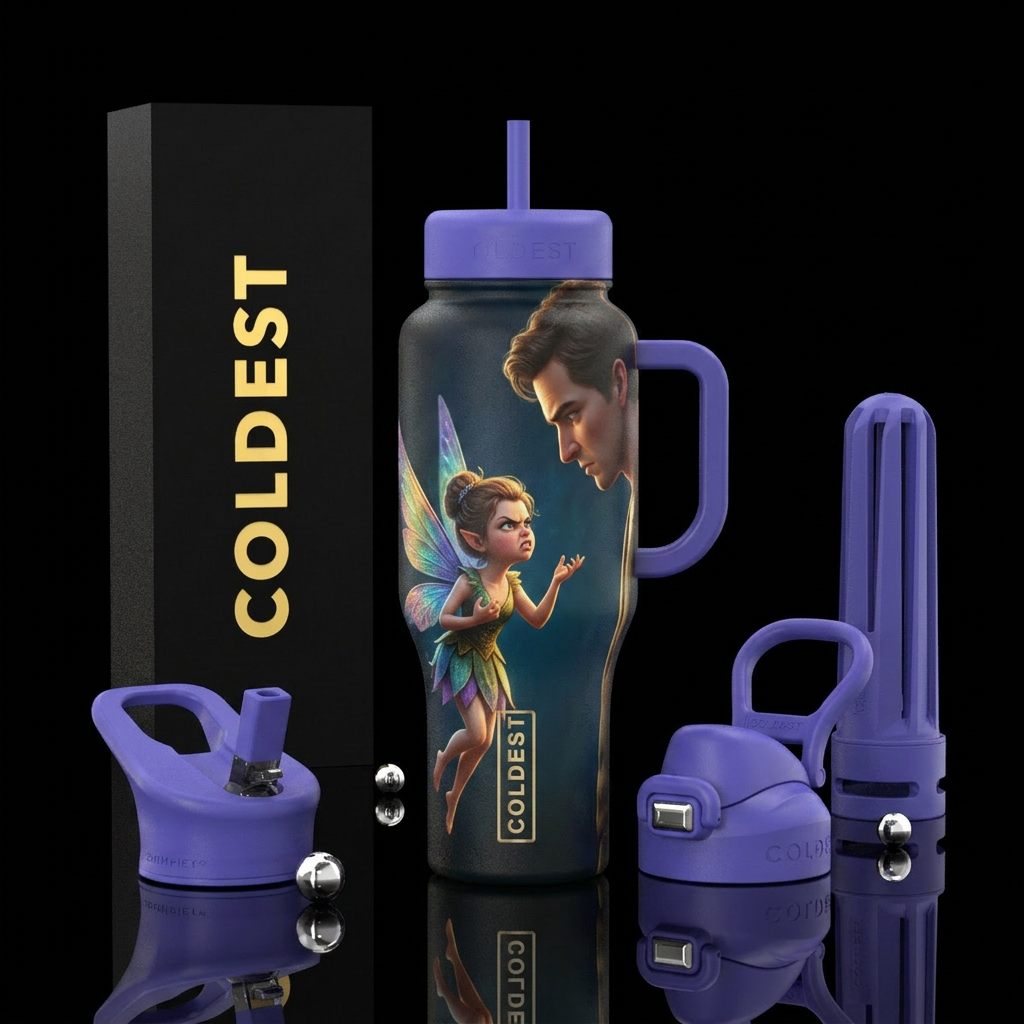 A fairy angry looking up at a human berating them water bottle design