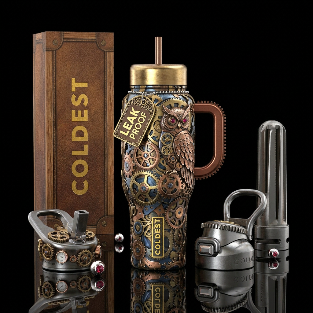 Clockwork owl water bottle design