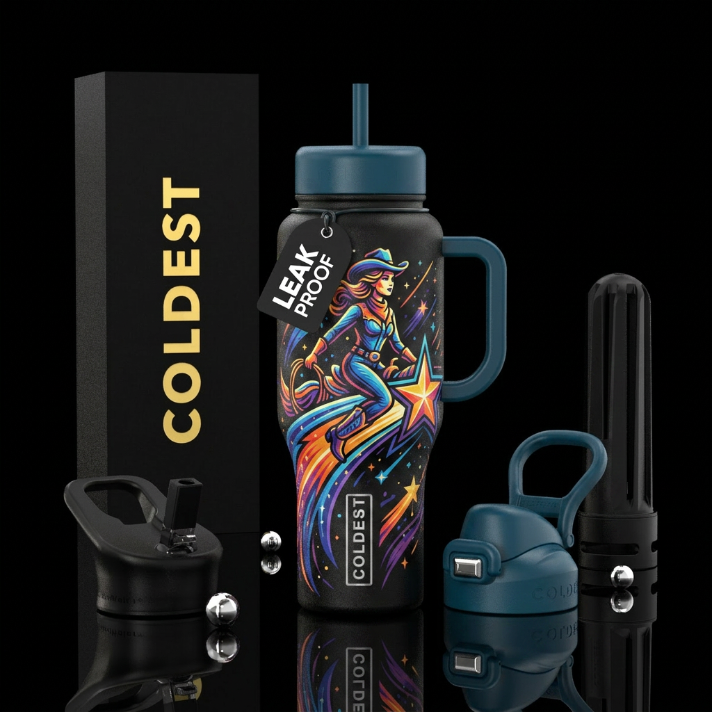 Cowgirl riding a shooting star water bottle design