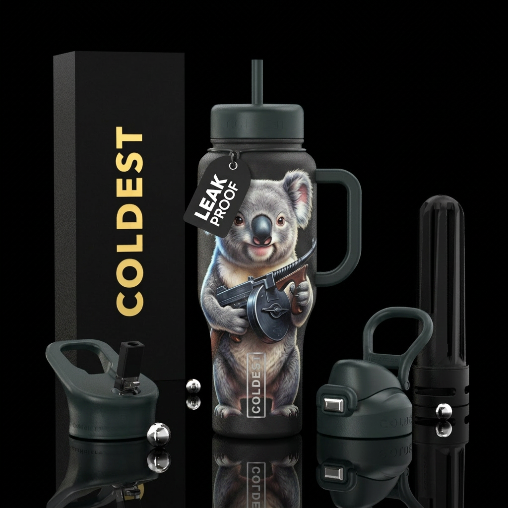 Cute koala bear holding a tommy gun water bottle design
