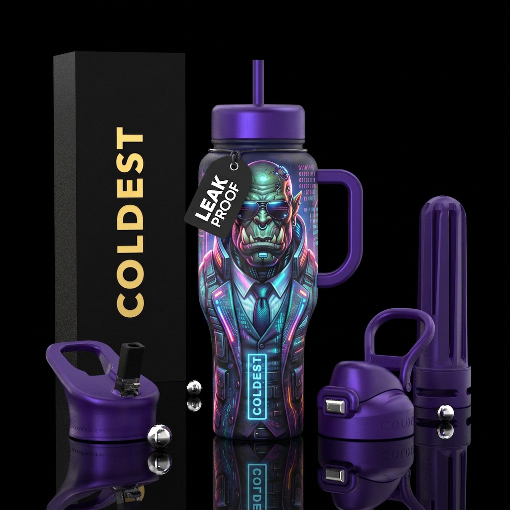 cyberpunk Ork wearing a suit and tie with sunglass... water bottle design