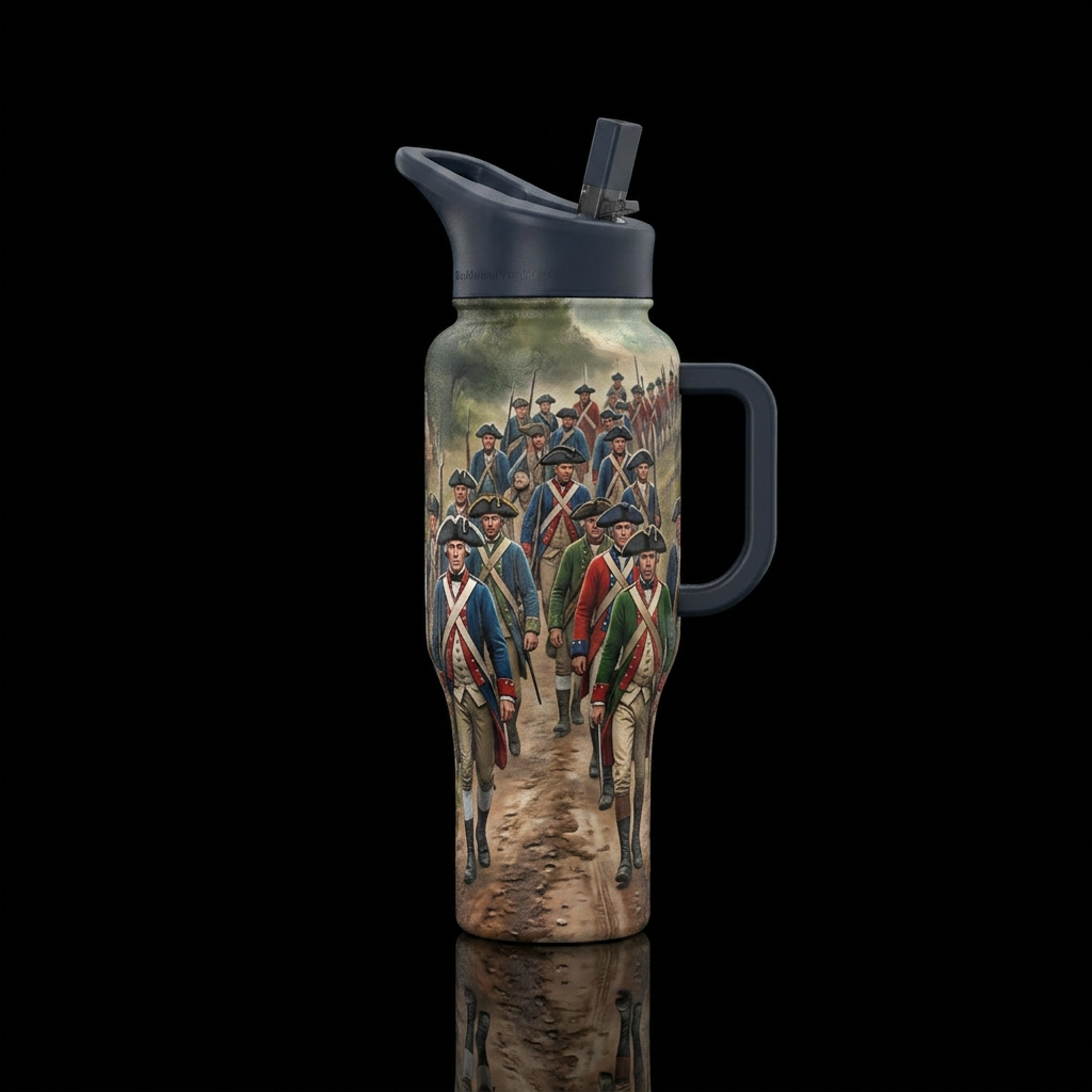 Colonial soldiers marching down the road water bottle design