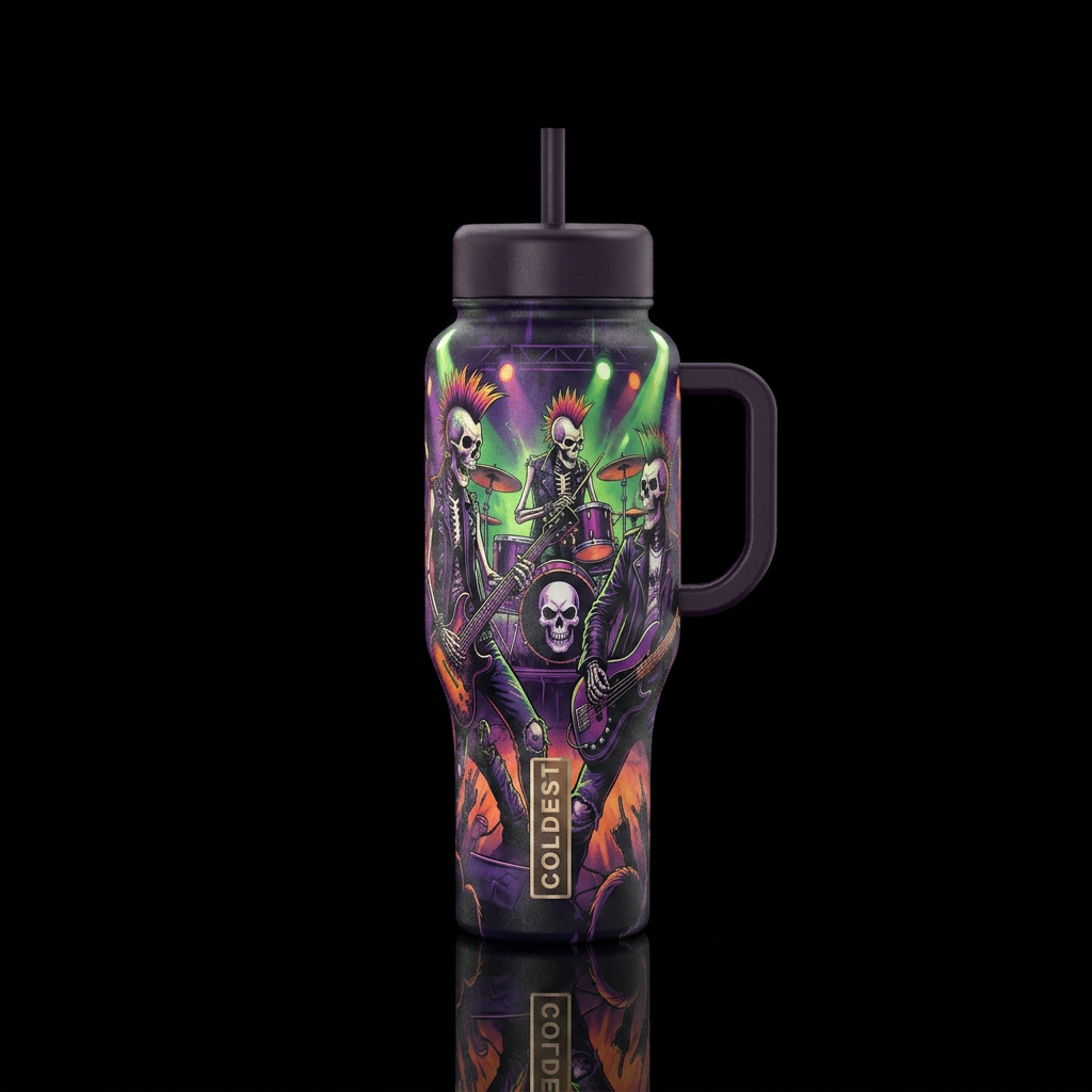 A skeleton punk bank playing a concert water bottle design