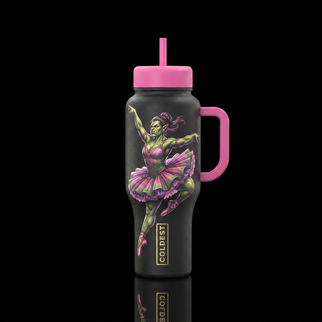 Orc dancing in a tutu water bottle design